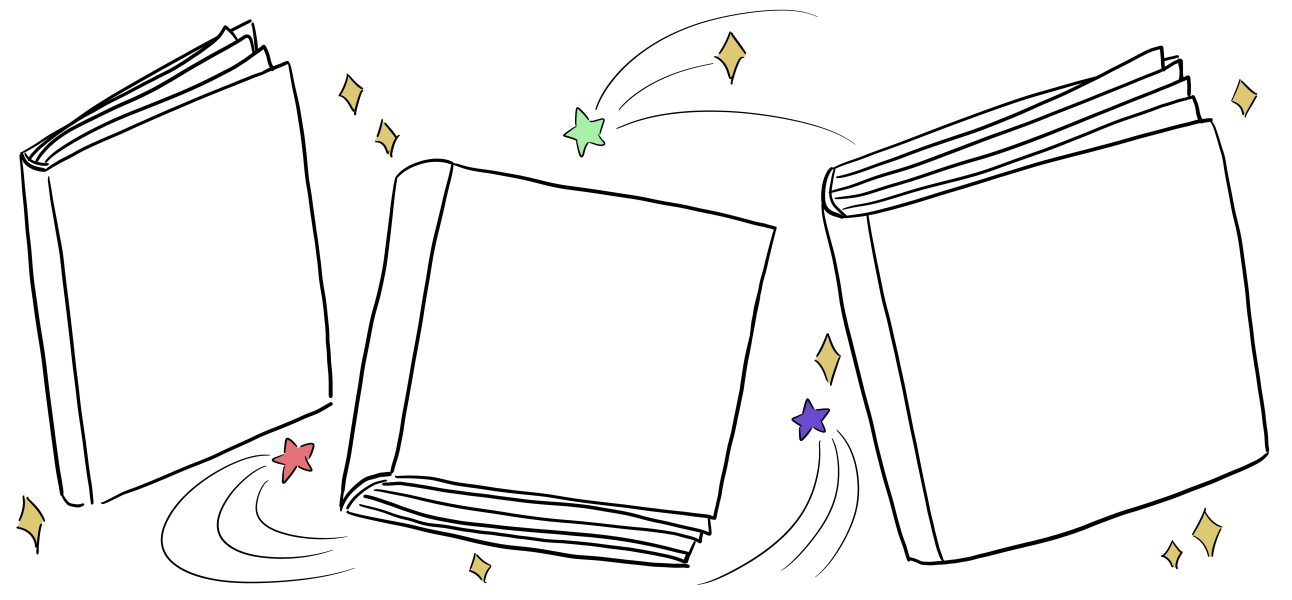 Line illustration with three books accented with swooshes and stars.