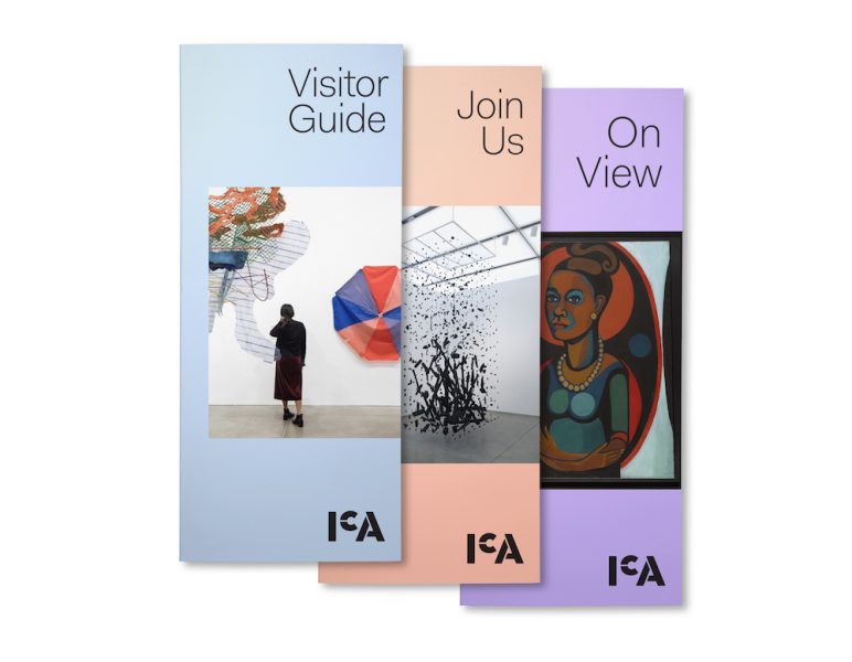 Three ICA brochures, in blue, peach,and lavender