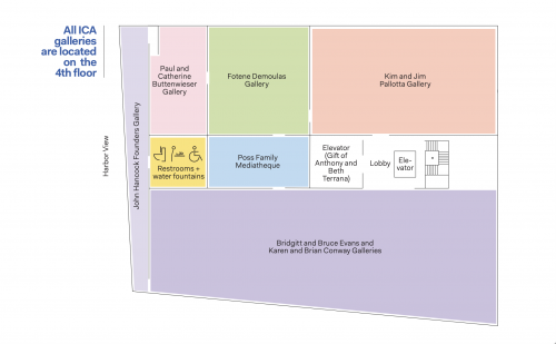 Colored map of ICA galleries, restrooms, elevators, etc. Text reads "All ICA galleries are located on the 4th floor."