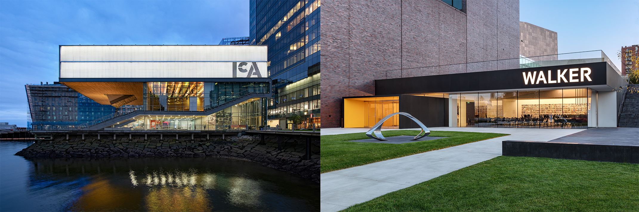 A side by side photo of the ICA building and the Walker Art Museum building.