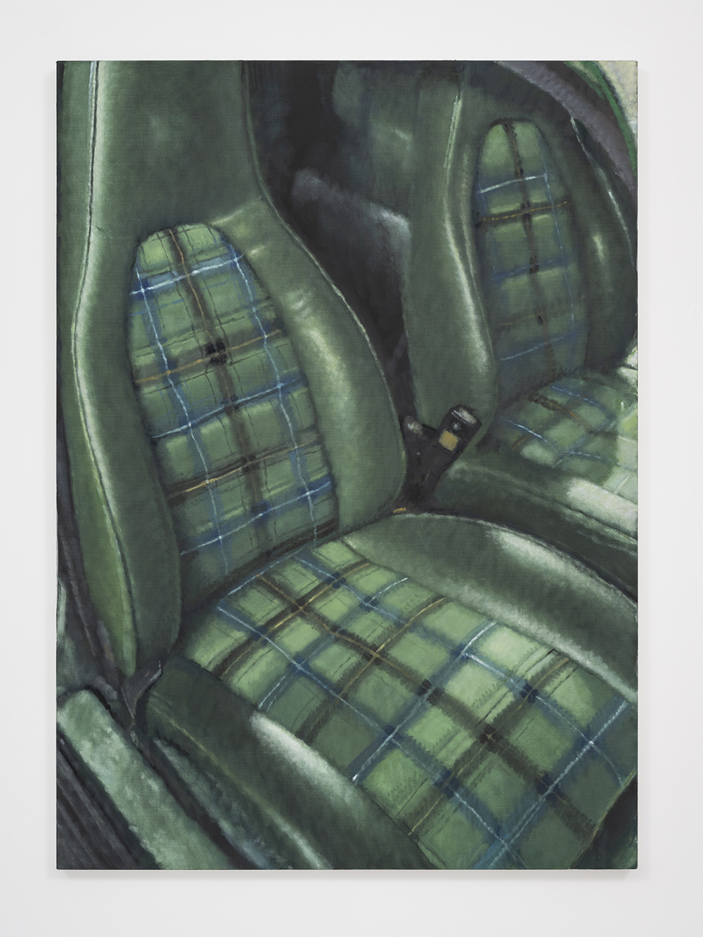 Painting of green leather car seats with plaid fabric pattern