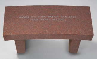 A red granite bench inscribed with the words “HANDS ON YOUR BREAST CAN KEEP YOUR HEART BEATING.”