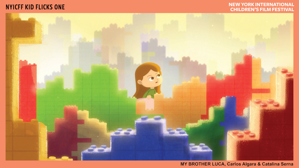 Cartoon image of a light-skinned child looking in wonder while sitting on a landscape made of building blocks. 