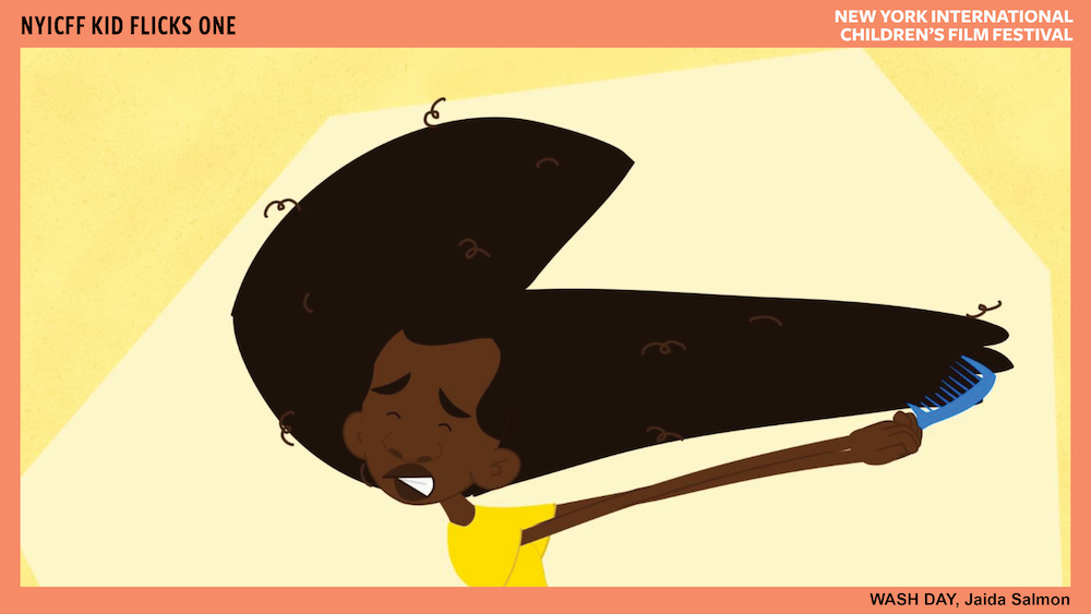 Cartoon image of a dark-skinned child brushing afro-textured hair holding brush with both hands, wearing a pained expression.
