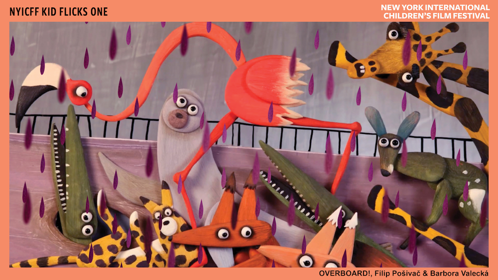 Cartoon animals crowded in frame looking worriedly while purple rain showers. 