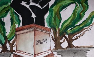 A watercolor of an outdoor monument depicting a raised black fist on a plinth with the inscriptions "BLM," with trees in the background.