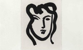 A simplified line drawing in ink and graphite of a woman's face in the later drawing style of Henri Matisse.
