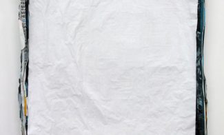A mostly white painting composed of several layers of vertically oriented poster paper.