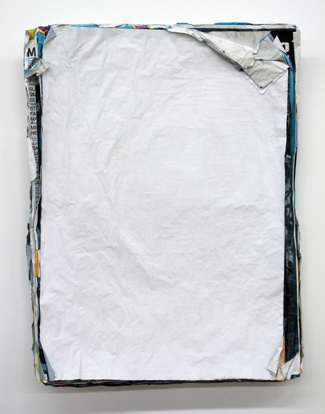 A mostly white painting composed of several layers of vertically oriented poster paper.