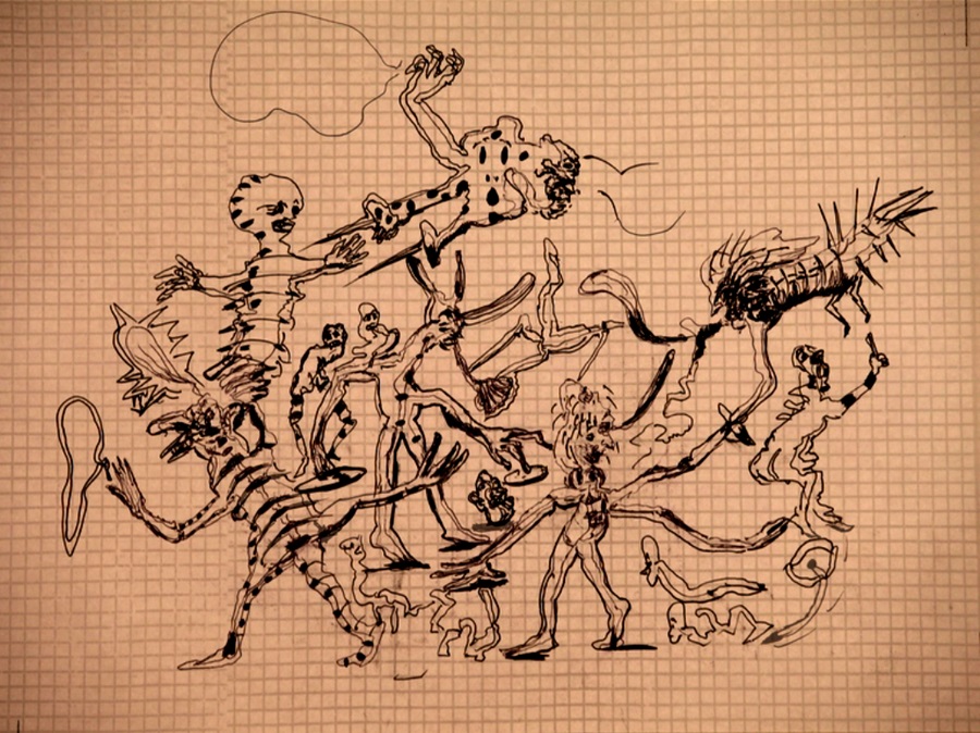A still from an animated drawing showing black outlines of assorted abstracted figures in an active, dynamic scene resembling a parade or circular gathering.