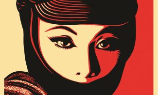 A red and black screenprint of a woman's face partly obscured by a mask and cap with a circular logo.