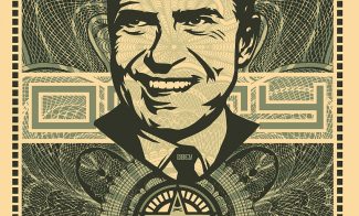 A screenprint of Richard Nixon's portrait bust overlaying a monochromatic green design resembling U.S. paper currency.
