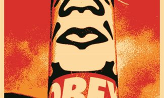 A red, black, and orange screenprint in red, orange, and black of a pole wrapped with an Obey sticker featuring a faces against a sky background.