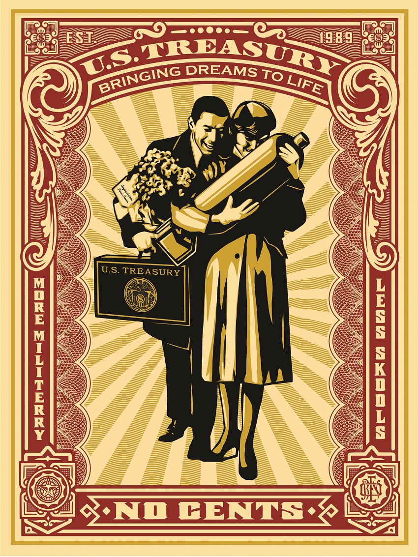 A red and gold screenprint of two parents cradling a missile like a baby against an elaborate, red and yellow background reminiscent of a postage stamp.