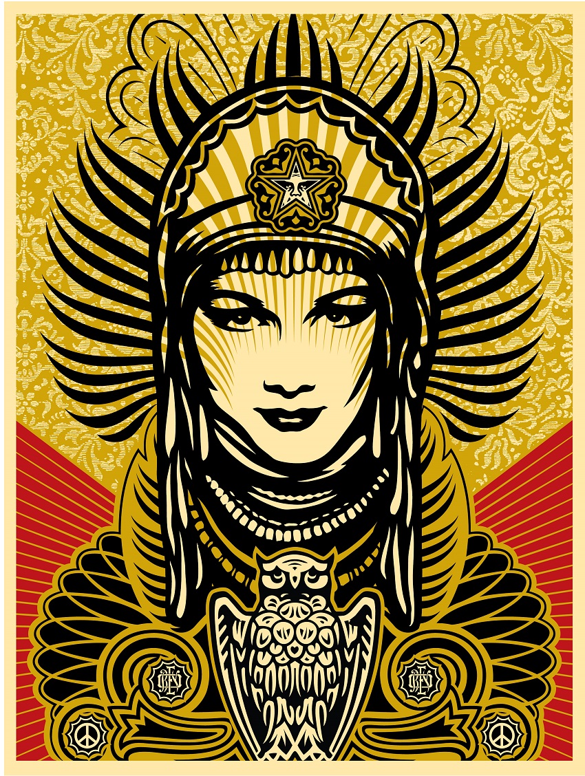 A screenprint of a woman wearing an elaborate head covering and an owl against an orange, yellow, and gold background.