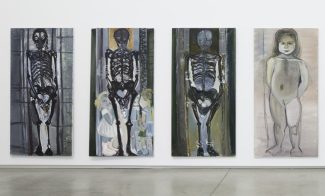 A series of four tall paintings, three of black skeletons and one of a nude young girl with her hands behind her back.