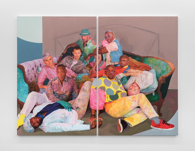 A painting on two side-by-side vertical panels of seven people reclined on green and pink sofas. 