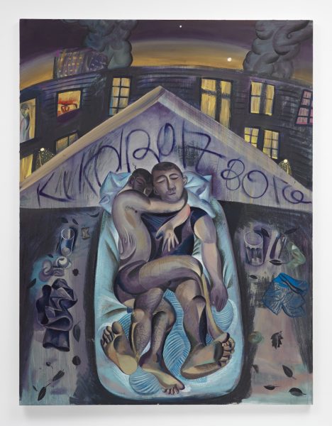 A cool-toned painting of two people sleeping on a bed.