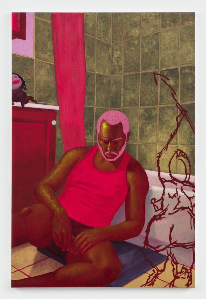 A painting of a dark-skinned man with a beard sitting on the floor of a tiled bathroom, wearing an undershirt and underpants, his hands in his lap. 