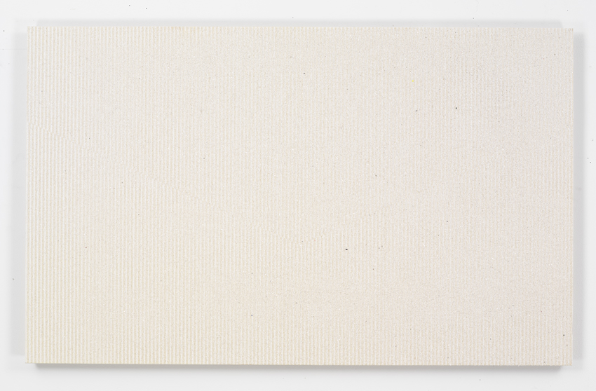 A mixed media work featuring thin, subtly tinted stripes on a white background.