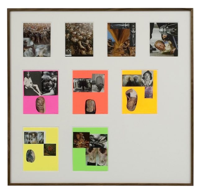 A large dark frame contains 9 separate collages, in three rows, some mounted on fluorescent paper.