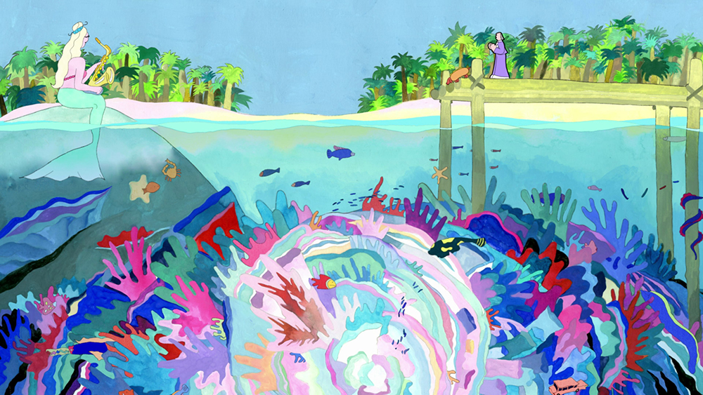 Colorful animated still depicting a mermaid sitting above a large coral reef by an island