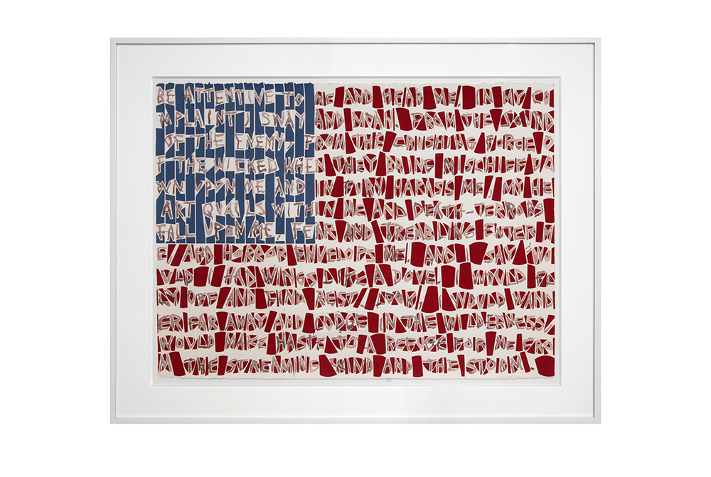 American flag collage with text over the flag