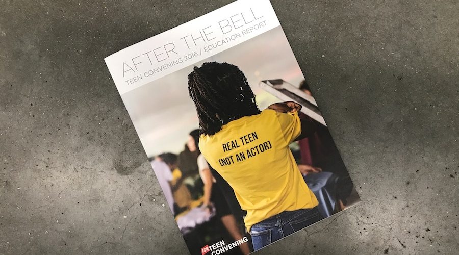 Cover of 2016 Teen Convening Report featuring teen in shirt reading 