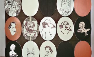 An acrylic and ink painting of three rows of five white, orange, and black ovals containing various cartoon graphics and caricatures of older men and busty women.