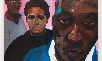 An acrylic painting shows a Black man and two younger Black figures standing one behind the other against a bright pink background and looking directly at the viewer.