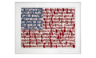 Painting of an American flag made up of rows of text