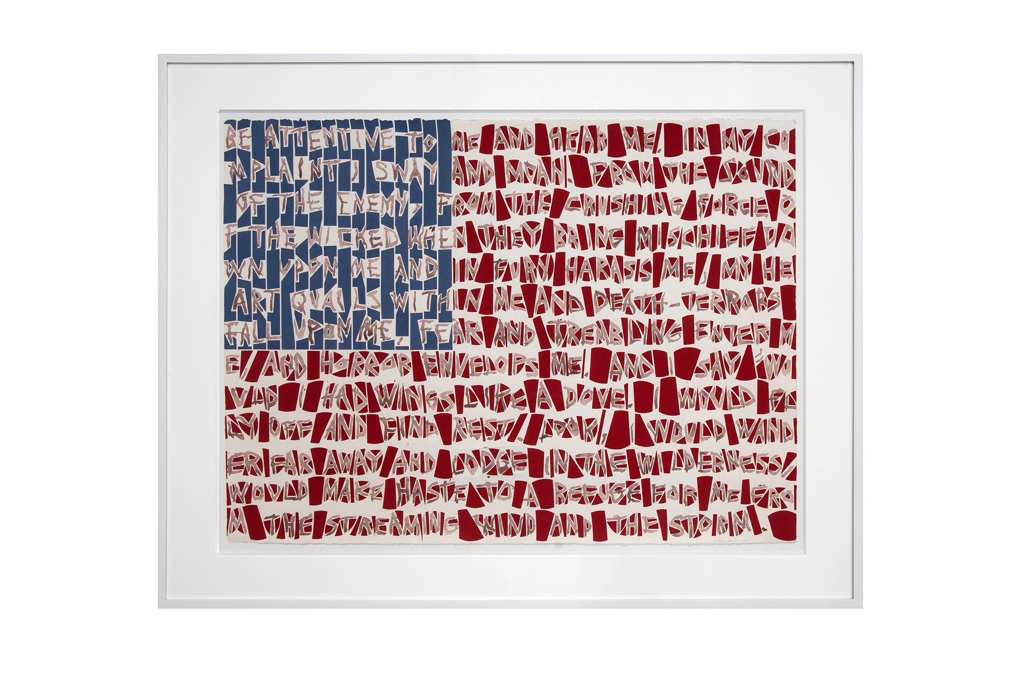 Painting of an American flag made up of rows of text