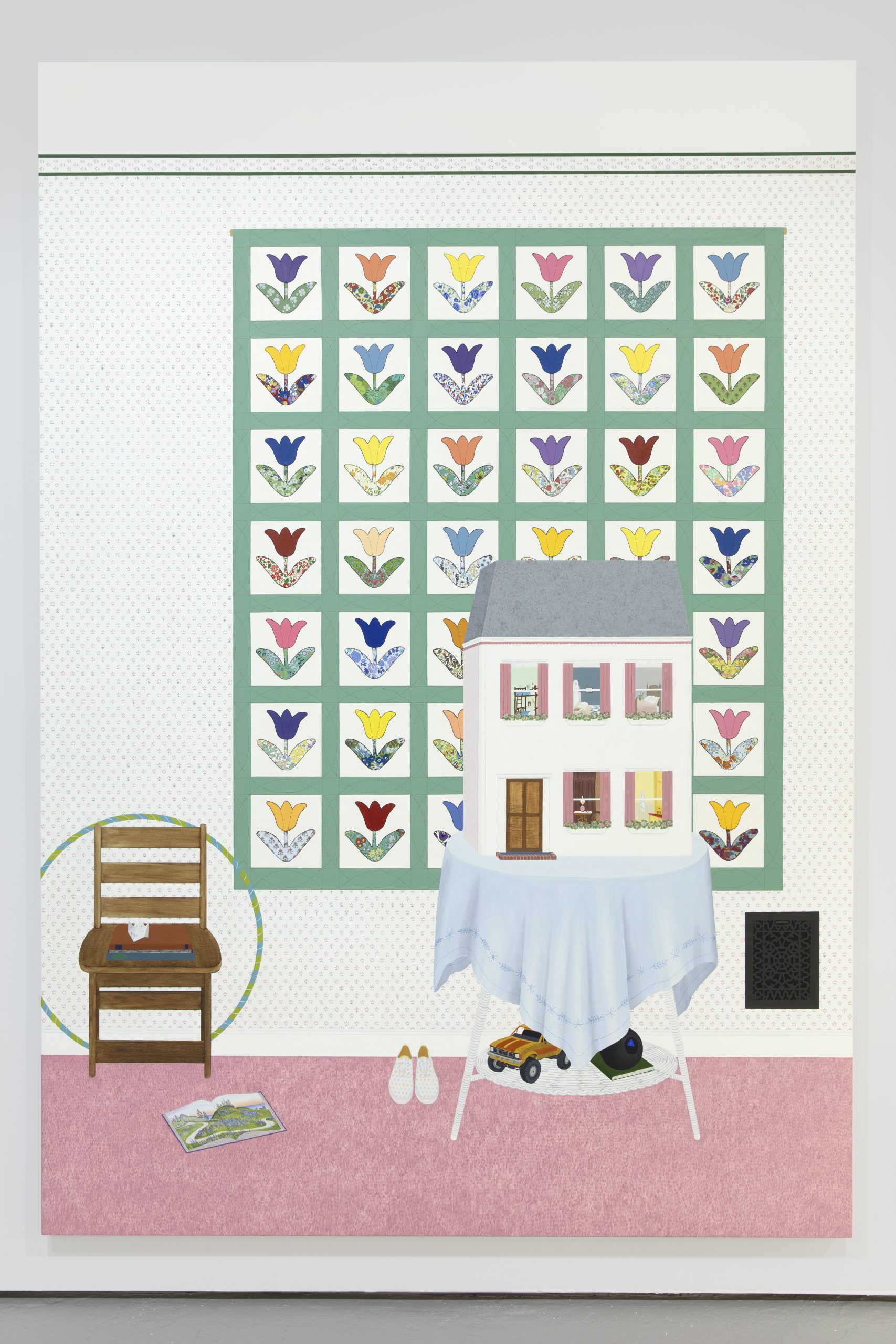 Painting of a dollhouse against a poster in a domestic interior