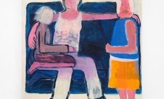 Bright painting of a seated adult pink figure with its arms around two pink children