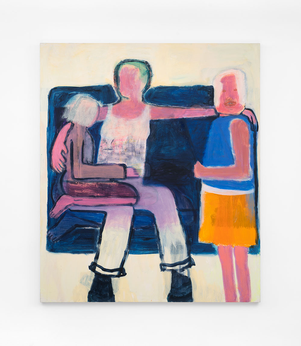Bright painting of a seated adult pink figure with its arms around two pink children