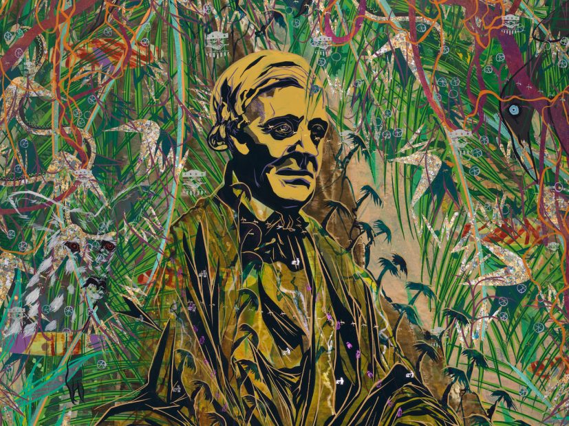 A painting of a man (Ralph Waldo Emerson) amid lush, colorful vegetation.