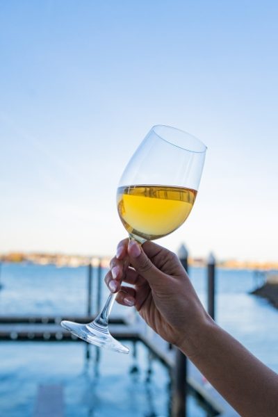 A glass of wine held against the Boston harbor