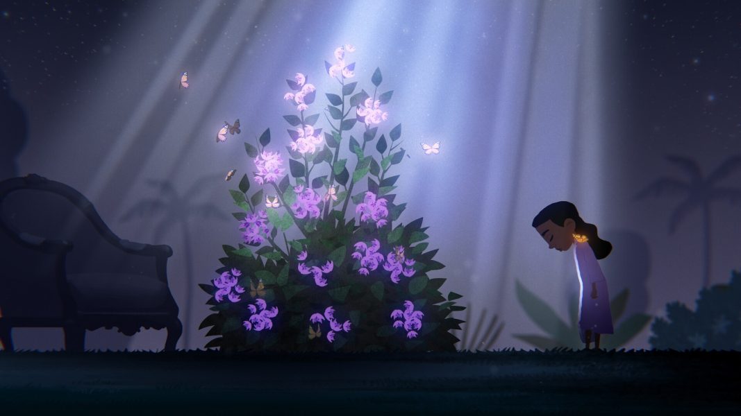 A cartoon child in a nightgown stands beside a glowing bush of purple flowers under a beam of moonlight. Fireflies float around, and a vintage chair is on the left. A nighttime sky and silhouettes of palm trees are visible in the background.