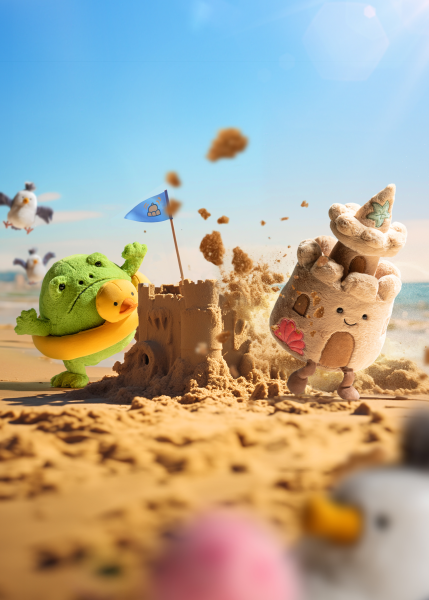 Jelly cat plushies playing at the beach with sand castles