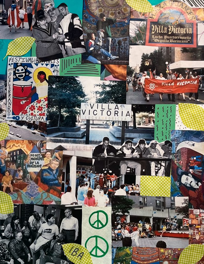 collage with many colors that includes archival photos of Boston, drawings, and cut paper