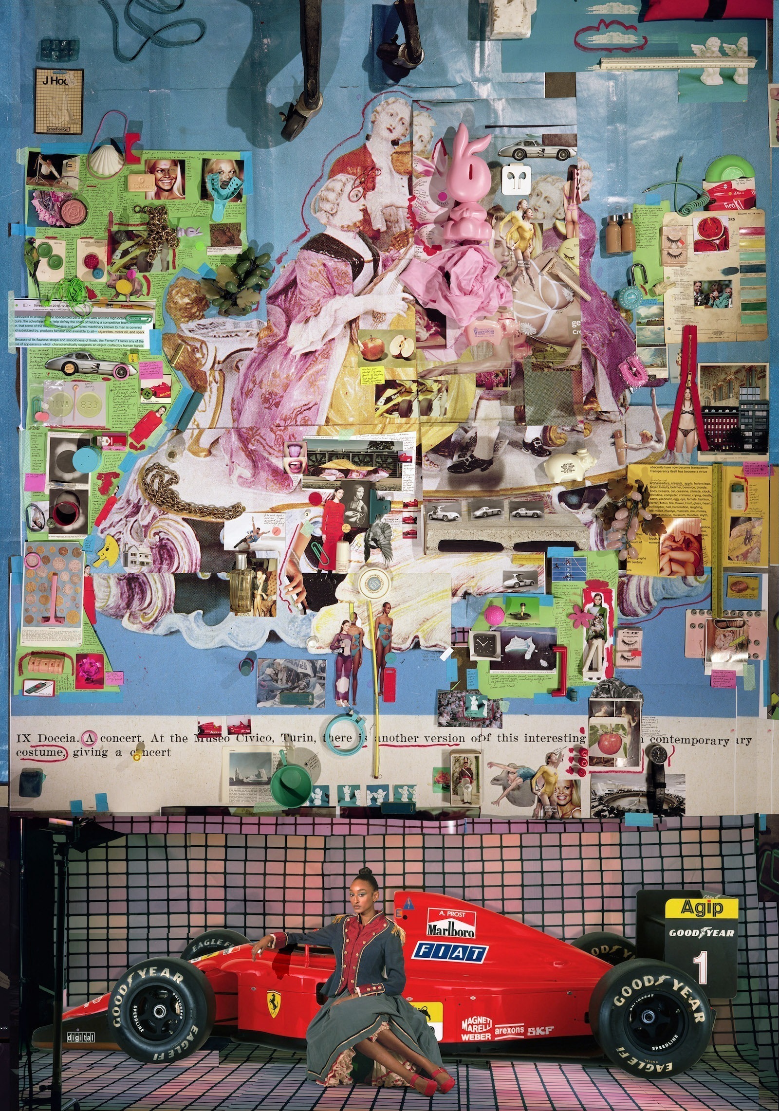 A young adult in a military jacket and skirt sits in front of a red Ferrari race car positioned on a gridded backdrop. Above is a wall-sized collage of found images from magazines.