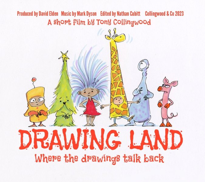 Colorful characters, including a girl in a red dress, a tree, a giraffe, and a pink kangaroo, stand together. Text reads: Drawing Land: Where the drawings talk back.