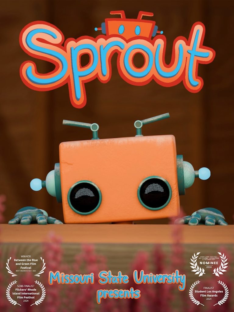 A film poster for Sprout features an orange robot peeking over a wooden ledge