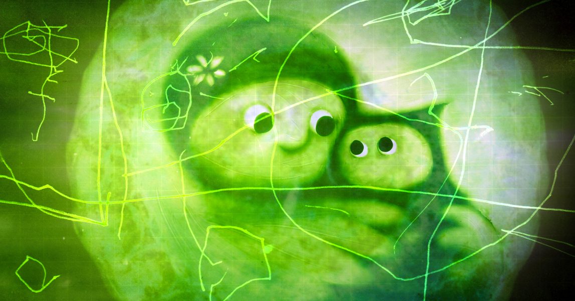 A glowing green image depicts two round, cartoonish characters with large eyes, nestled together in a comforting, whimsical space.