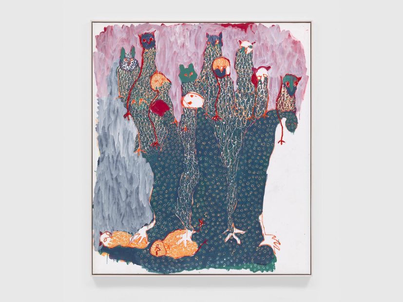 An abstract painting featuring animal heads, feet, and feathers in fields of pastels and patterns.