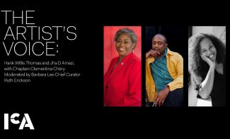 Graphic titled The Artists Voice featuring three photos: a woman in a red blazer, a man in a yellow jacket seated with his hand on his chin, and a woman smiling with her hand in her curly hair. Includes text about event and moderator details.