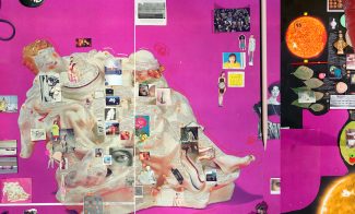 A vibrant collage on a pink background featuring various images of people, body parts, and objects, including retro illustrations, photographs, text excerpts, and scientific imagery