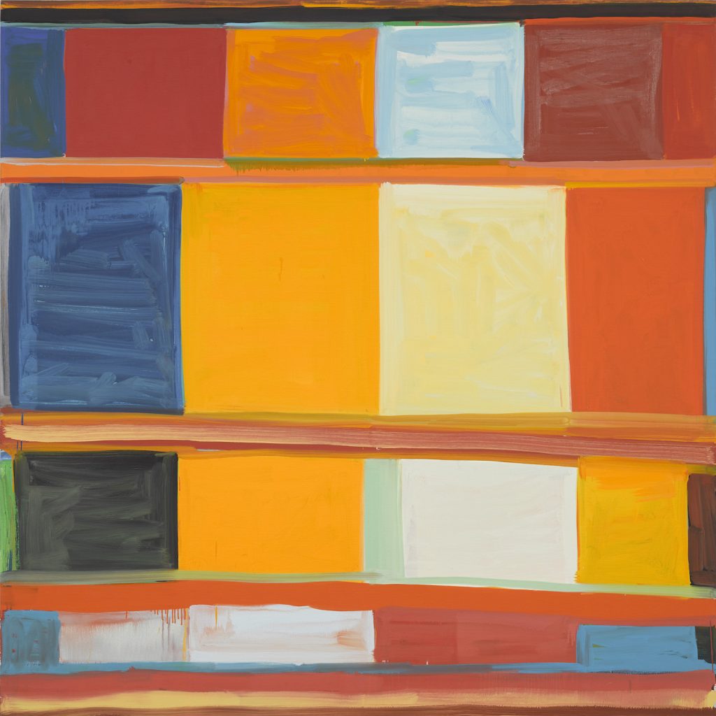 Abstract painting featuring rectangles and squares in various colors like orange, yellow, blue, and red. The geometric shapes are arranged in rows, creating a vibrant, mosaic-like composition.