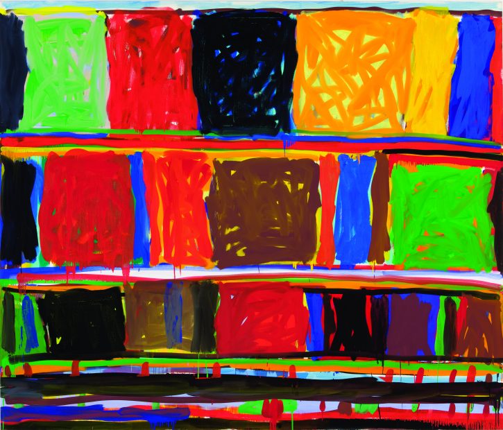 Colorful abstract painting featuring a grid of rectangles filled with bold, vibrant colors including red, blue, green, yellow, and black. The rectangles are outlined with thick, dripping lines and dynamic brushstrokes, creating a vivid pattern.